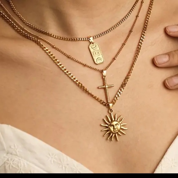 “ Golden Hour “  18k Gold Necklace Stack Set 3 piece Stacker  Sun Moon Cross - Picture 5 of 6